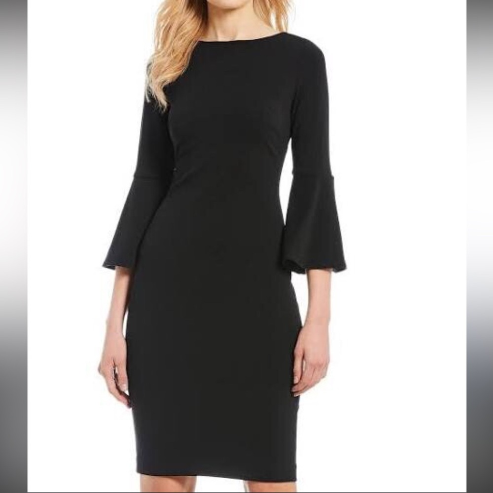 Calvin Klein Gray Sheath Dress Size 4 Bell Sleeve Boat Neck Workwear Chic